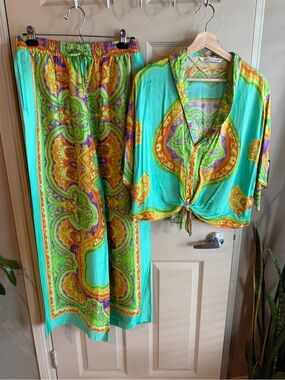 ZARA Boho Vibrant Turquoise Paisley Two-Piece Flowy Pants & Tie-Front Top